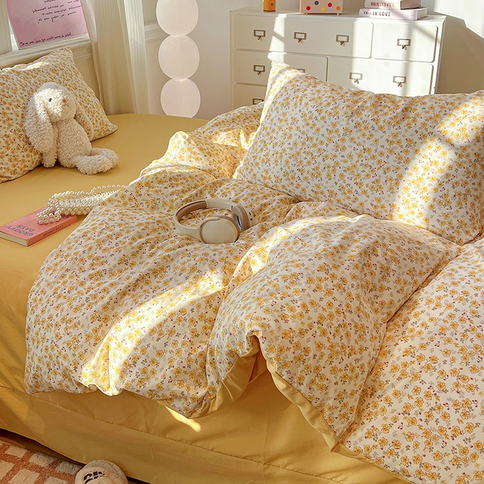 91家纺网 家纺一手货源 找家纺 一比一家纺 2026新款古法水洗仿棉云感纱A类四件套 小黄花