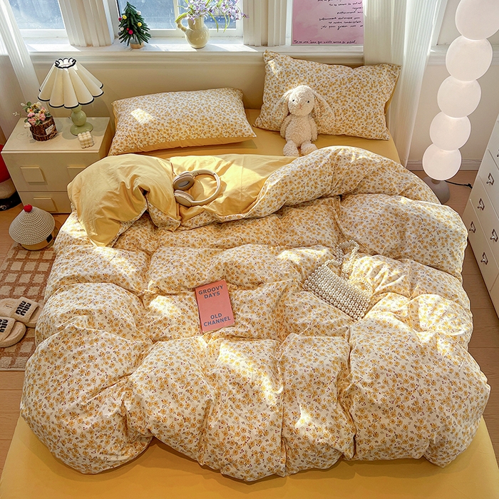 91家纺网 家纺一手货源 找家纺 一比一家纺 2026新款古法水洗仿棉云感纱A类四件套 小黄花