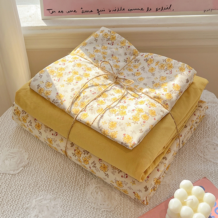 91家纺网 家纺一手货源 找家纺 一比一家纺 2026新款古法水洗仿棉云感纱A类四件套 小黄花