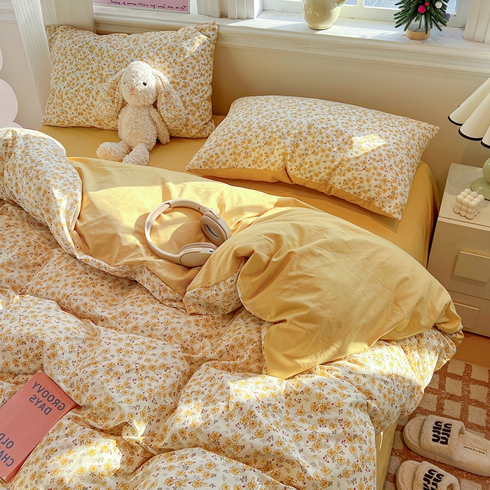 91家纺网 家纺一手货源 找家纺 一比一家纺 2026新款古法水洗仿棉云感纱A类四件套 小黄花