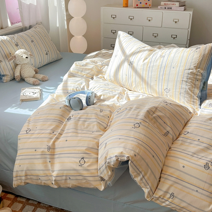 91家纺网 家纺一手货源 找家纺 一比一家纺 2026新款古法水洗仿棉云感纱A类四件套 鱼多多