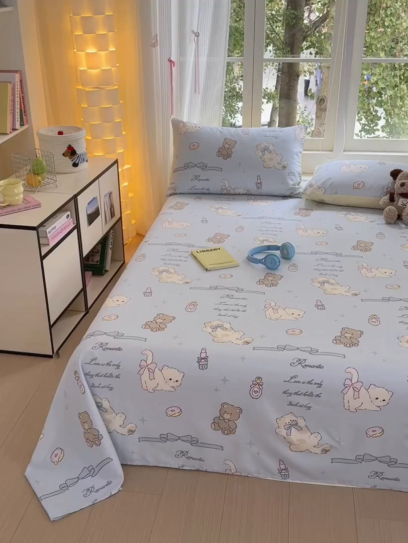 91家纺网 家纺一手货源 找家纺 清雅福 2025新款全棉柔软印花系列单床单 奶油阿布-蓝