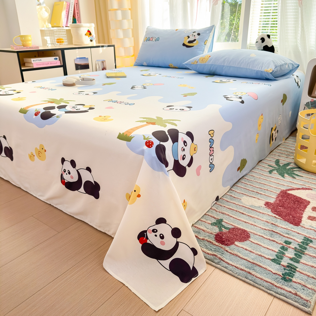 91家纺网 家纺一手货源 找家纺 清雅福 2025新款全棉柔软印花系列单床单 熊猫鸭鸭乐-兰