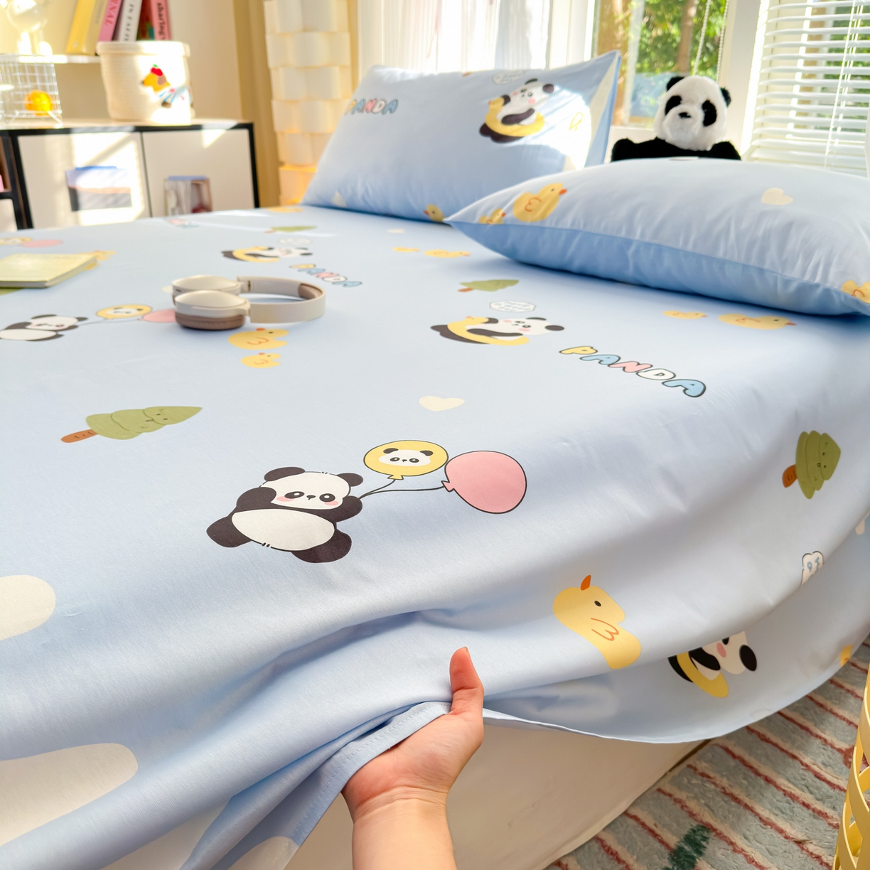 91家纺网 家纺一手货源 找家纺 清雅福 2025新款全棉柔软印花系列单床单 熊猫鸭鸭乐-兰