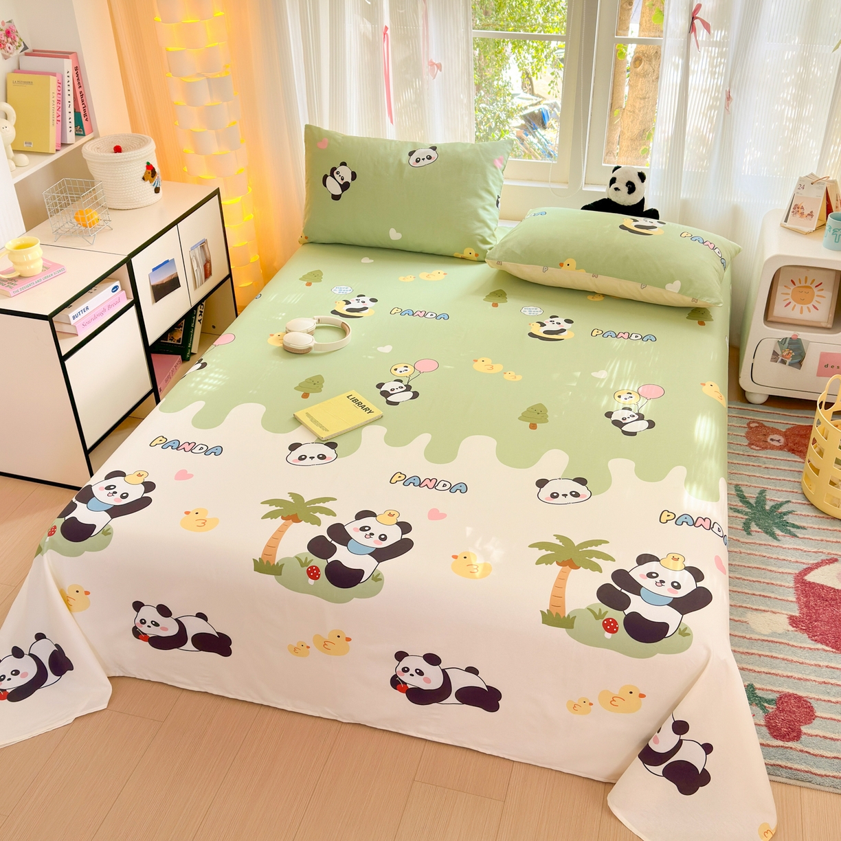 91家纺网 家纺一手货源 找家纺 清雅福 2025新款全棉柔软印花系列单床单 熊猫鸭鸭乐-绿