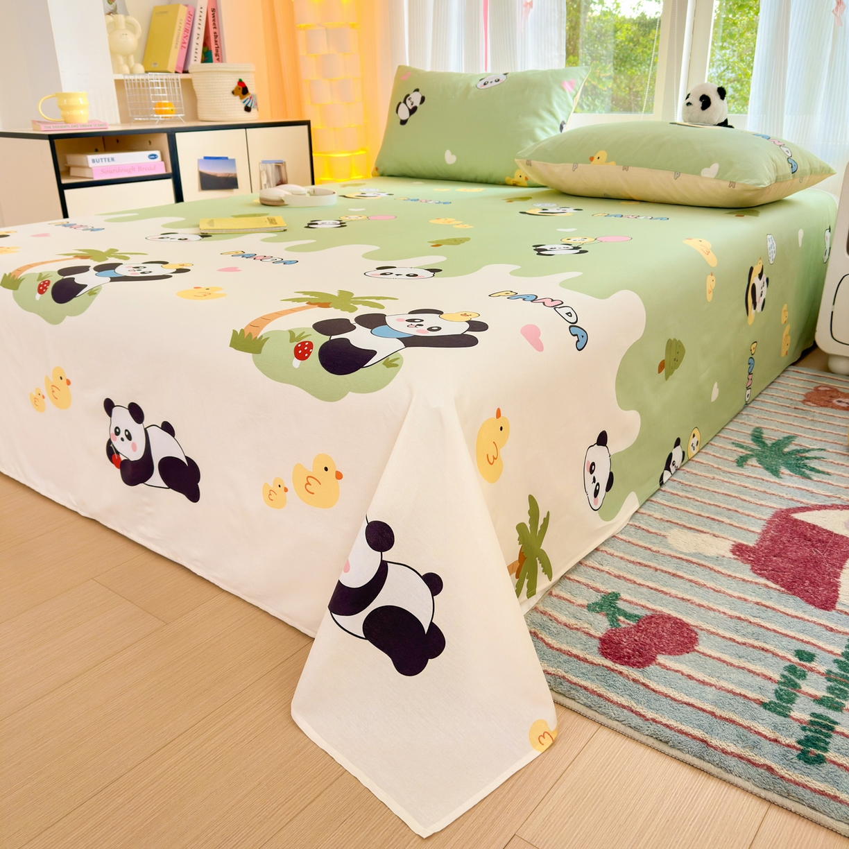 91家纺网 家纺一手货源 找家纺 清雅福 2025新款全棉柔软印花系列单床单 熊猫鸭鸭乐-绿