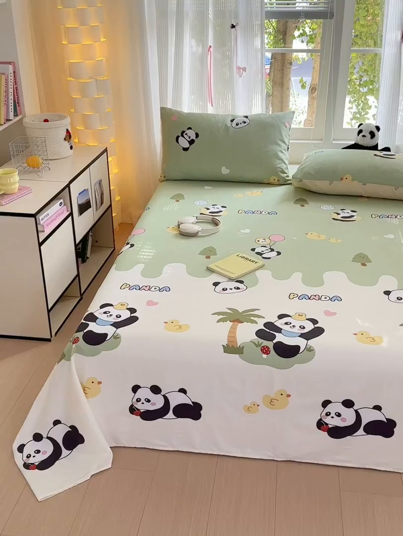 91家纺网 家纺一手货源 找家纺 清雅福 2025新款全棉柔软印花系列单床单 熊猫鸭鸭乐-绿