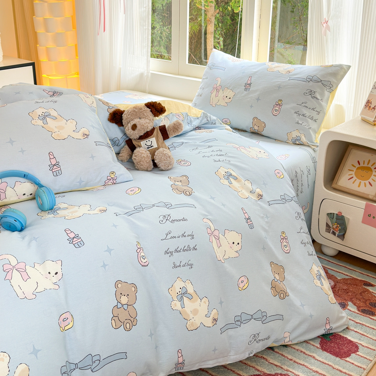 91家纺网 家纺一手货源 找家纺 清雅福 2025新款全棉柔软印花系列四件套 奶油阿布-蓝