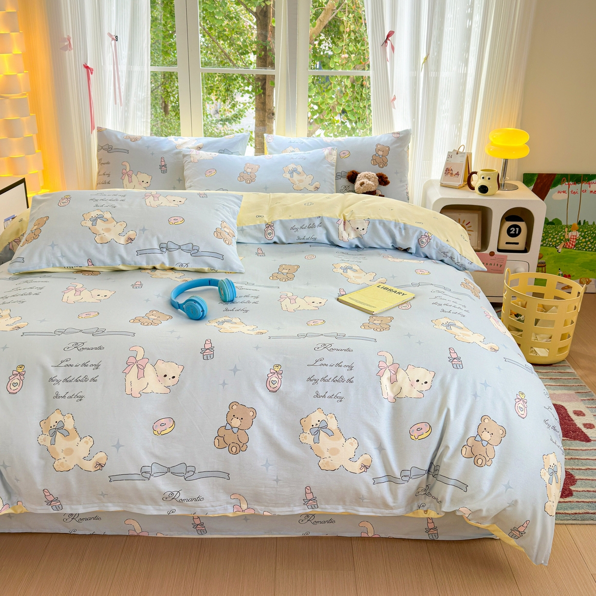 91家纺网 家纺一手货源 找家纺 清雅福 2025新款全棉柔软印花系列四件套 奶油阿布-蓝