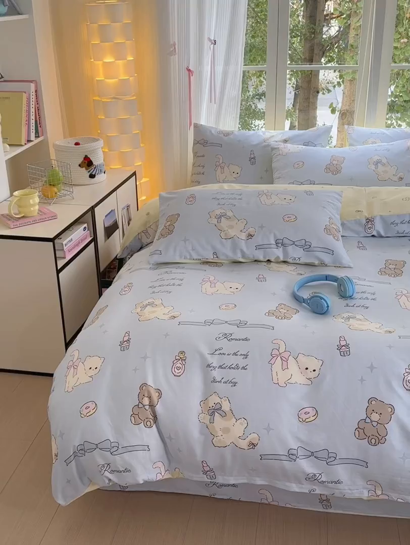 91家纺网 家纺一手货源 找家纺 清雅福 2025新款全棉柔软印花系列四件套 奶油阿布-蓝