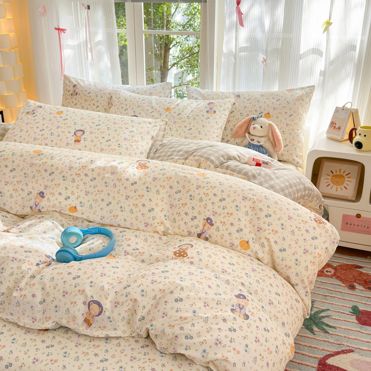 91家纺网 家纺一手货源 找家纺 清雅福 2025新款全棉柔软印花系列四件套 碎花兔熊