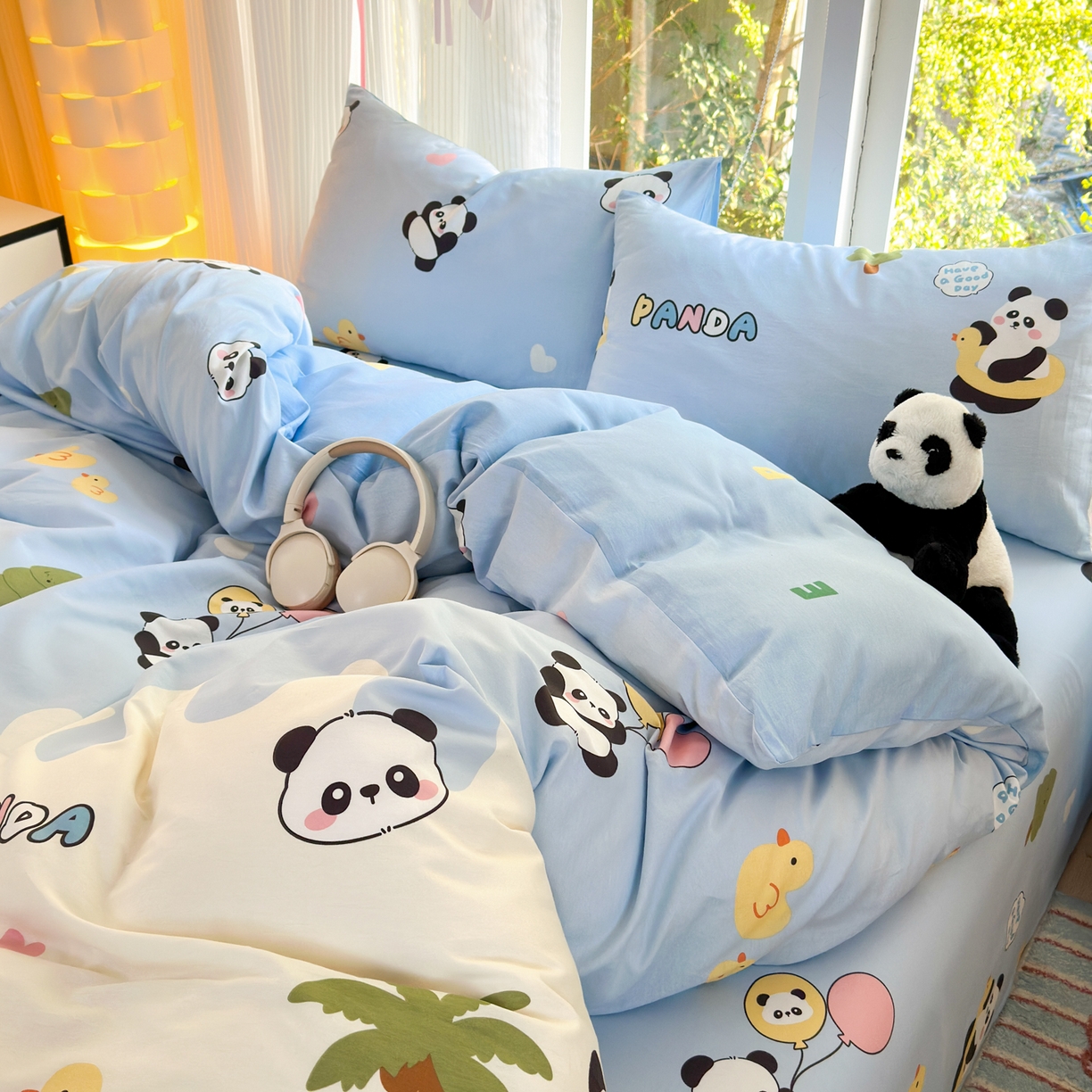 91家纺网 家纺一手货源 找家纺 清雅福 2025新款全棉柔软印花系列四件套 熊猫鸭鸭乐-兰