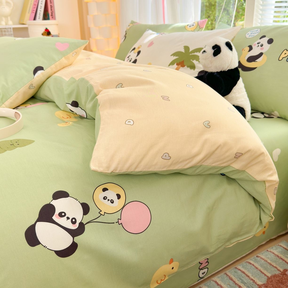 91家纺网 家纺一手货源 找家纺 清雅福 2025新款全棉柔软印花系列四件套 熊猫鸭鸭乐-绿