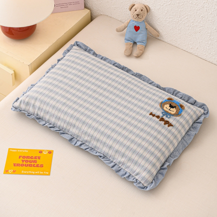 91家纺网 家纺一手货源 找家纺 仁宇枕业 2025新款新品花边毛巾绣全荞麦枕头枕芯 花边毛巾绣荞麦枕-蓝色熊