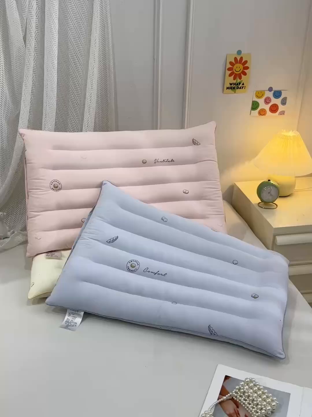 91家纺网 家纺一手货源 找家纺 仁宇枕业 2025新款新品彩色豆豆低枕头枕芯 彩色豆豆低枕-蓝色