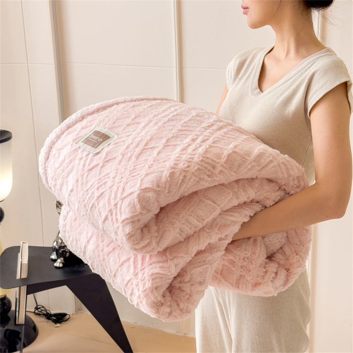 慕木家纺 2025新款A类高克重加厚兔毛绒双层毛毯斜纹条纹系列(跨境首选提供买家秀) 兔兔绒-斜纹-仙女粉