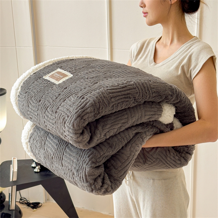 慕木家纺 2025新款A类高克重加厚兔毛绒双层毛毯斜纹条纹系列(跨境首选提供买家秀) 兔兔绒-条纹-夜空灰
