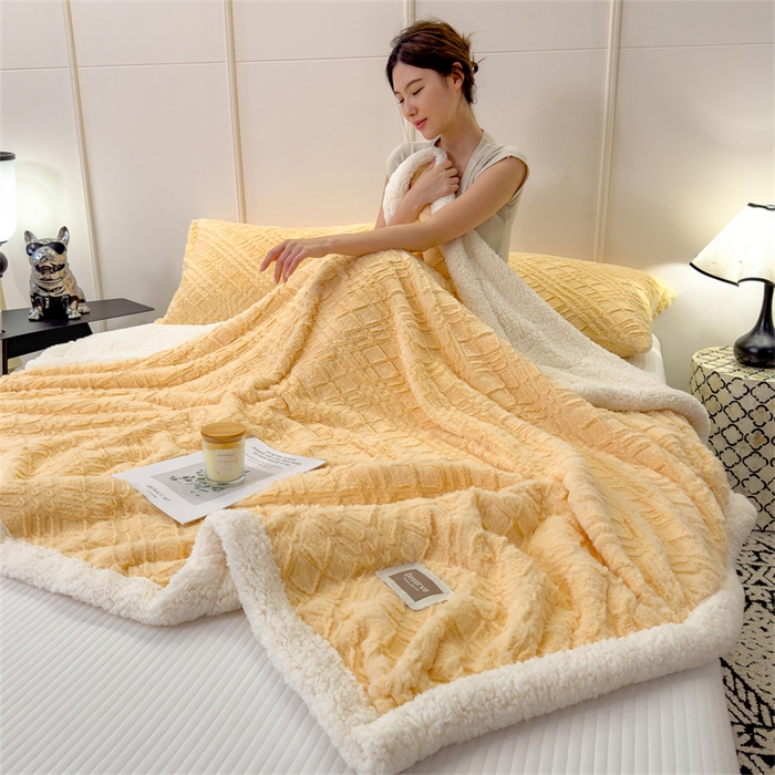 91家纺网 家纺一手货源 找家纺 慕木家纺 2025新款A类高克重加厚兔毛绒双层毛毯斜纹条纹系列(跨境首选提供买家秀) 兔兔绒-斜纹-奶油黄