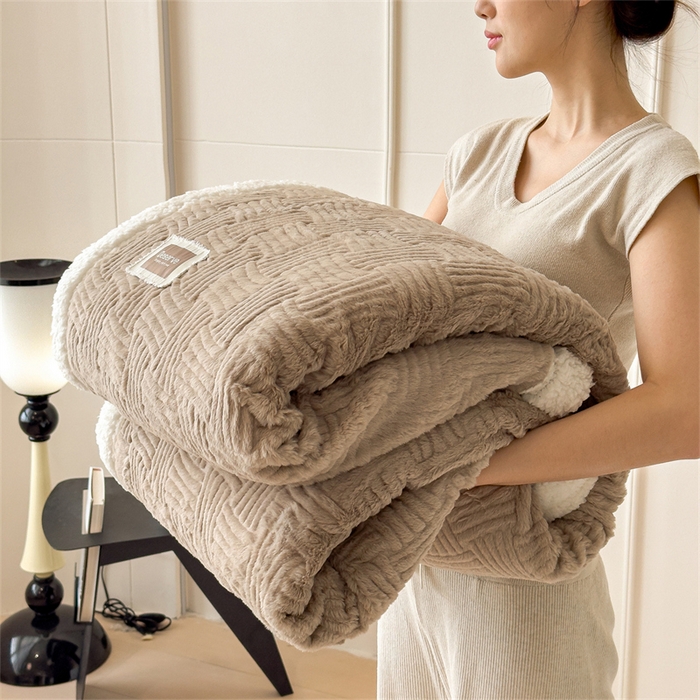 慕木家纺 2025新款A类高克重加厚兔毛绒双层毛毯斜纹条纹系列(跨境首选提供买家秀) 兔兔绒-条纹-咖啡