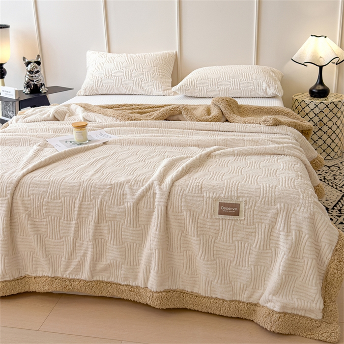 91家纺网 家纺一手货源 找家纺 慕木家纺 2025新款A类高克重加厚兔毛绒双层毛毯斜纹条纹系列(跨境首选提供买家秀) 兔兔绒-条纹-奶杏咖