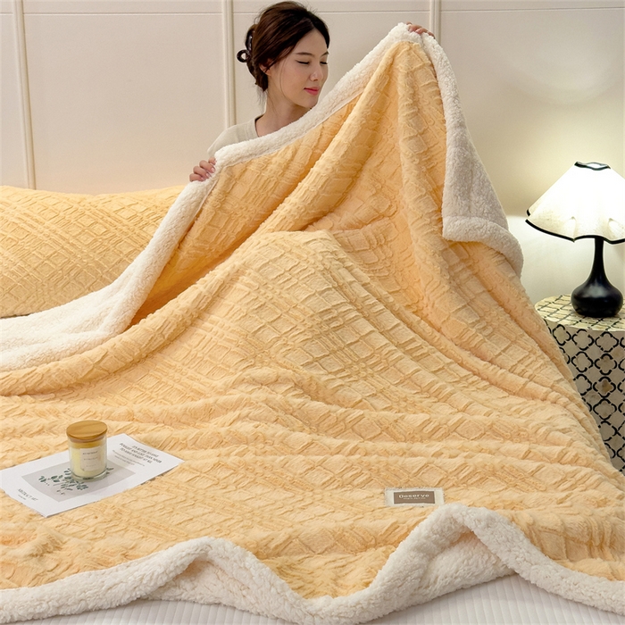 91家纺网 家纺一手货源 找家纺 慕木家纺 2025新款A类高克重加厚兔毛绒双层毛毯斜纹条纹系列(跨境首选提供买家秀) 兔兔绒-斜纹-奶油黄