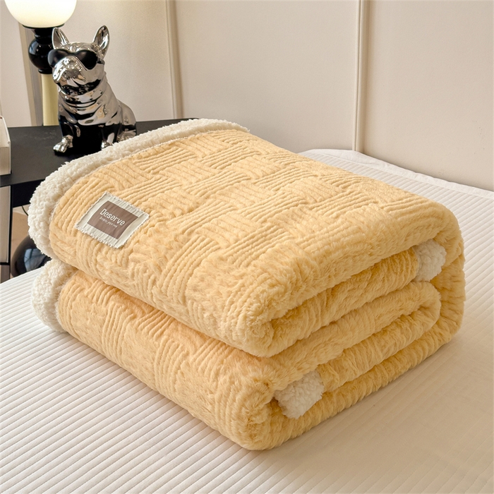 91家纺网 家纺一手货源 找家纺 慕木家纺 2025新款A类高克重加厚兔毛绒双层毛毯斜纹条纹系列(跨境首选提供买家秀) 兔兔绒-条纹-奶油黄