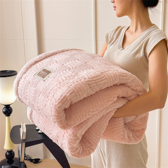 慕木家纺 2025新款A类高克重加厚兔毛绒双层毛毯斜纹条纹系列(跨境首选提供买家秀) 兔兔绒-条纹-仙女粉