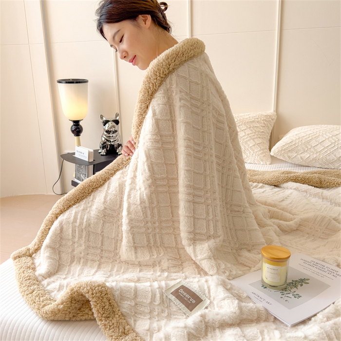 91家纺网 家纺一手货源 找家纺 慕木家纺 2025新款A类高克重加厚兔毛绒双层毛毯斜纹条纹系列(跨境首选提供买家秀) 兔兔绒-斜纹-奶杏咖