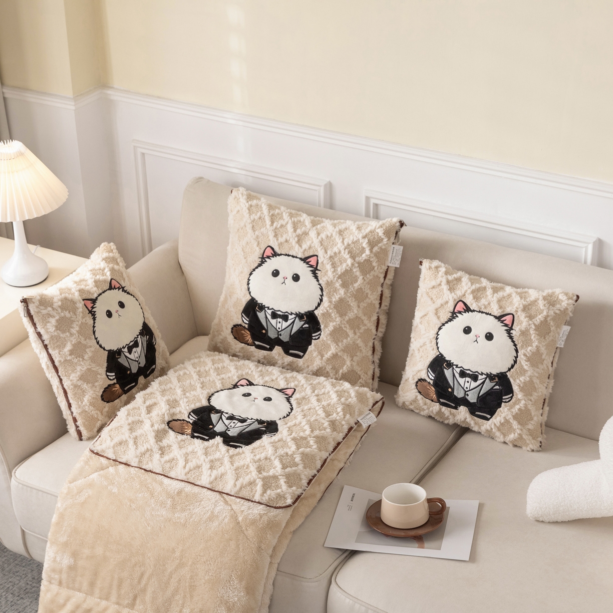 91家纺网 家纺一手货源 找家纺 宝马家纺（原梦童画） 2025新款加厚抱枕被绅士猫 绅士猫卡其色