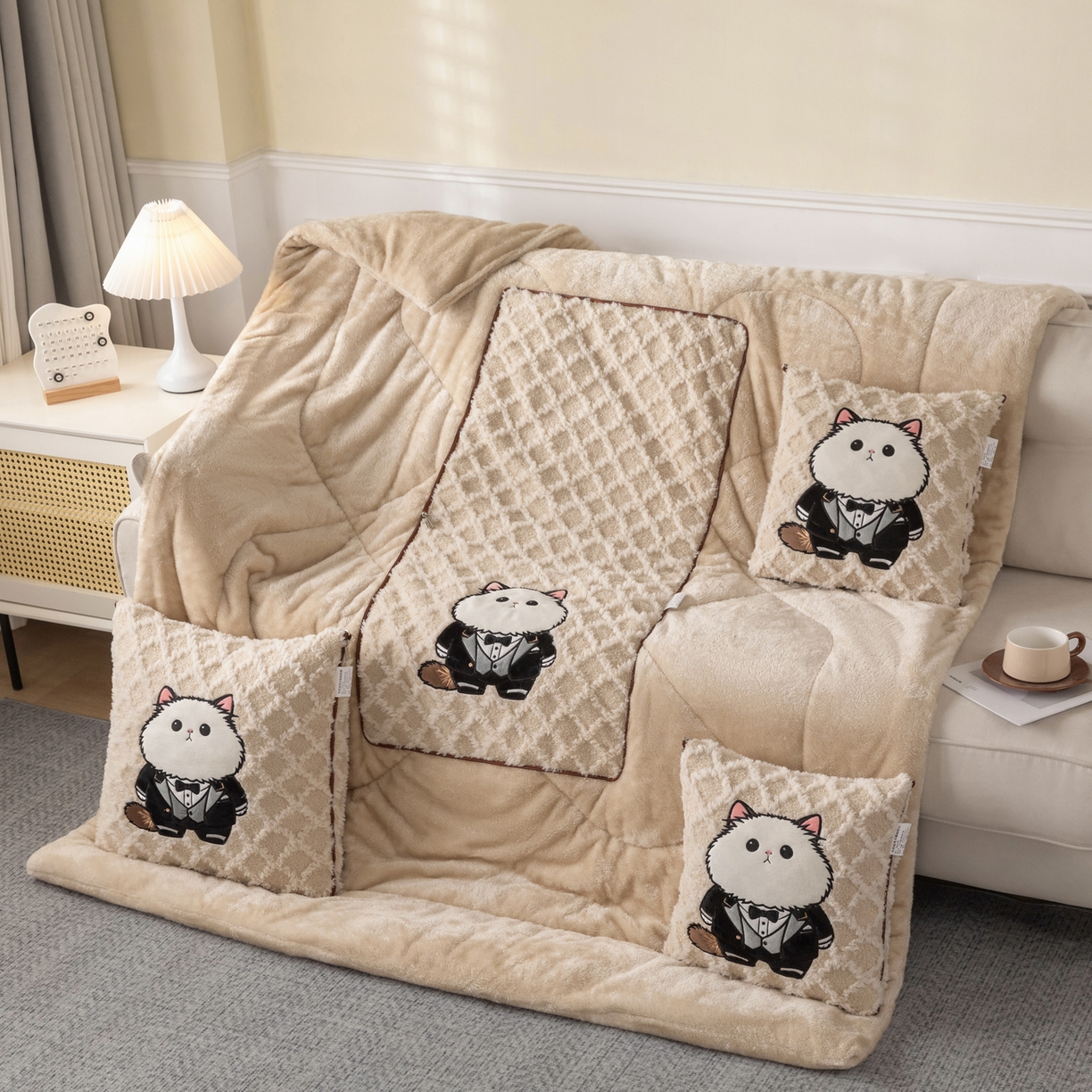 91家纺网 家纺一手货源 找家纺 宝马家纺（原梦童画） 2025新款加厚抱枕被绅士猫 绅士猫卡其色