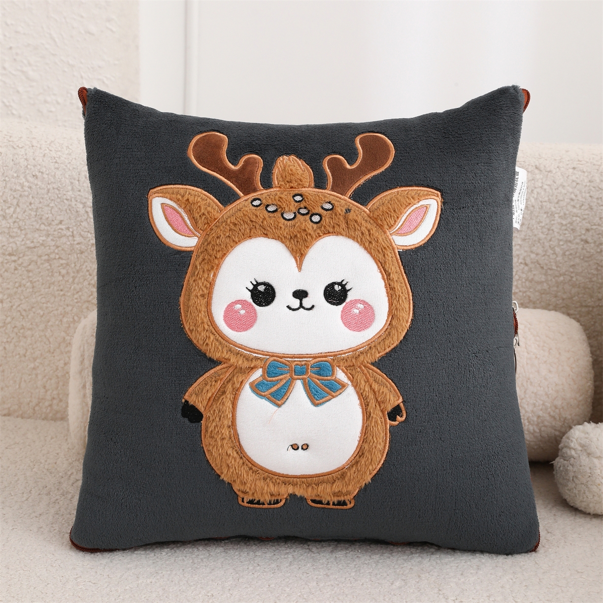 宝马家纺（原梦童画） 2025新款圣诞鹿加厚抱枕被 黑色
