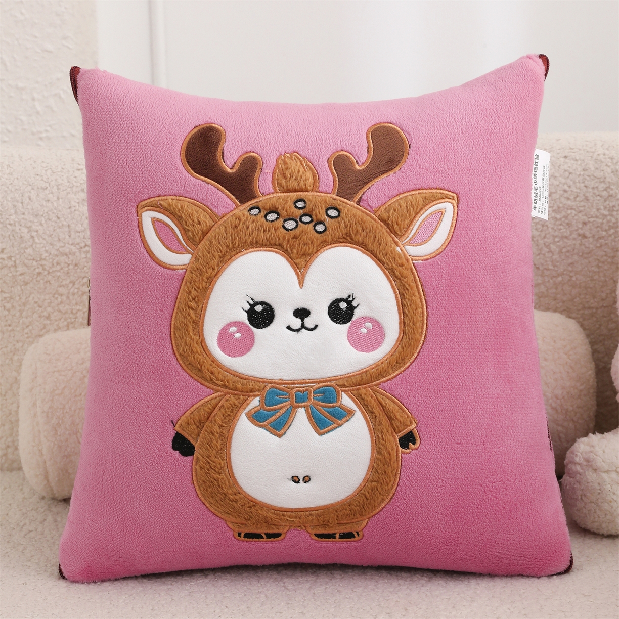 宝马家纺（原梦童画） 2025新款圣诞鹿加厚抱枕被 豆沙色