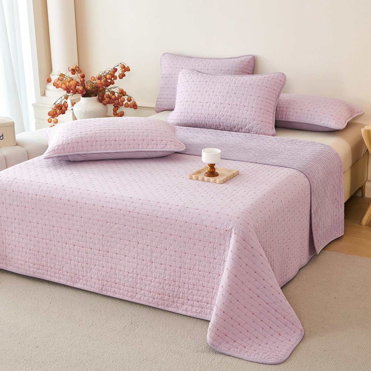 91家纺网 家纺一手货源 找家纺 （总）莎果家纺 2025新款60支%100纯棉高克重宝宝绒小米粒刺绣床盖