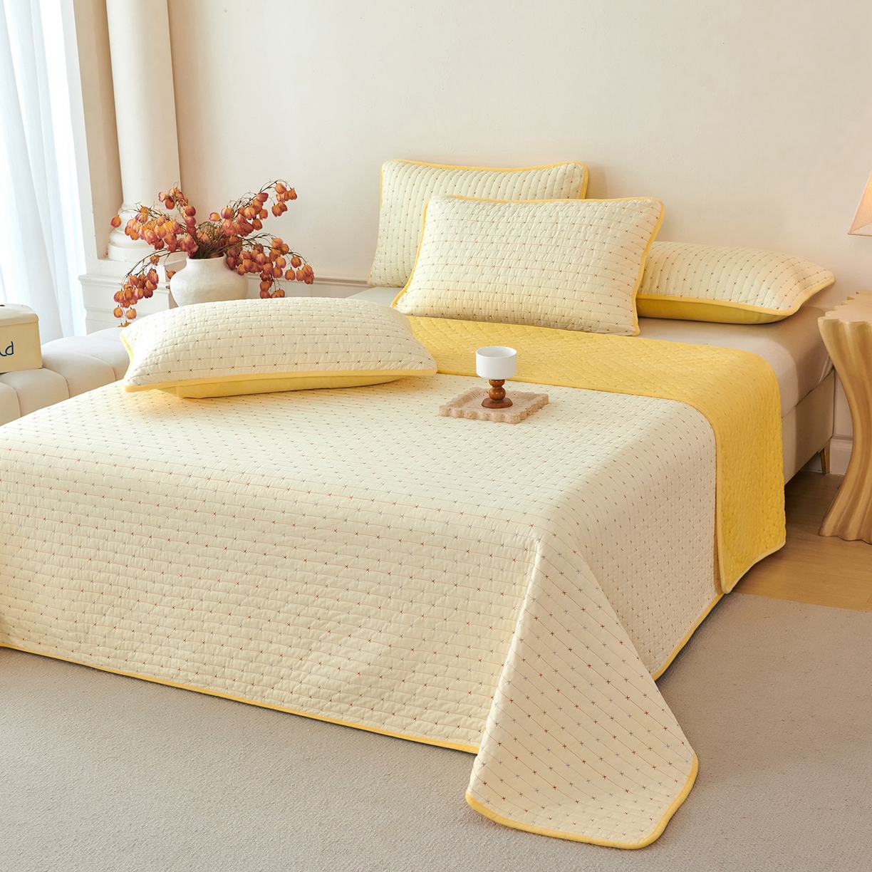 莎果家纺 2025新款60支%100纯棉高克重宝宝绒小米粒刺绣床盖 小米粒-绒黄