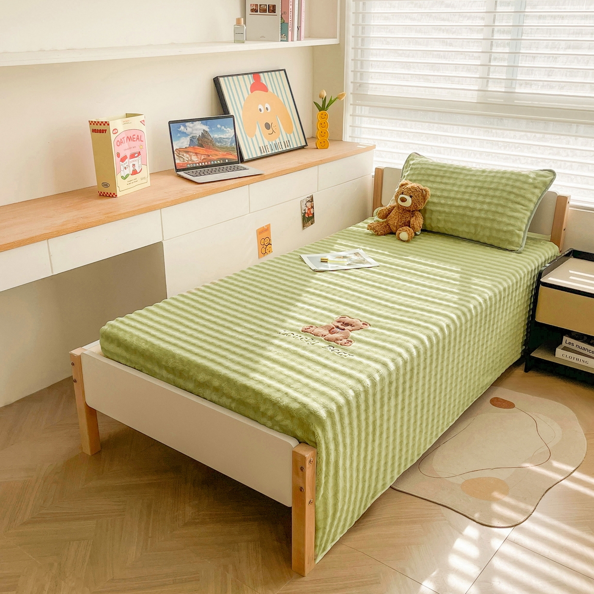 91家纺网 家纺一手货源 找家纺 （总）爱思凯家纺 2025新款学生儿童房泡泡绒床单-松饼熊