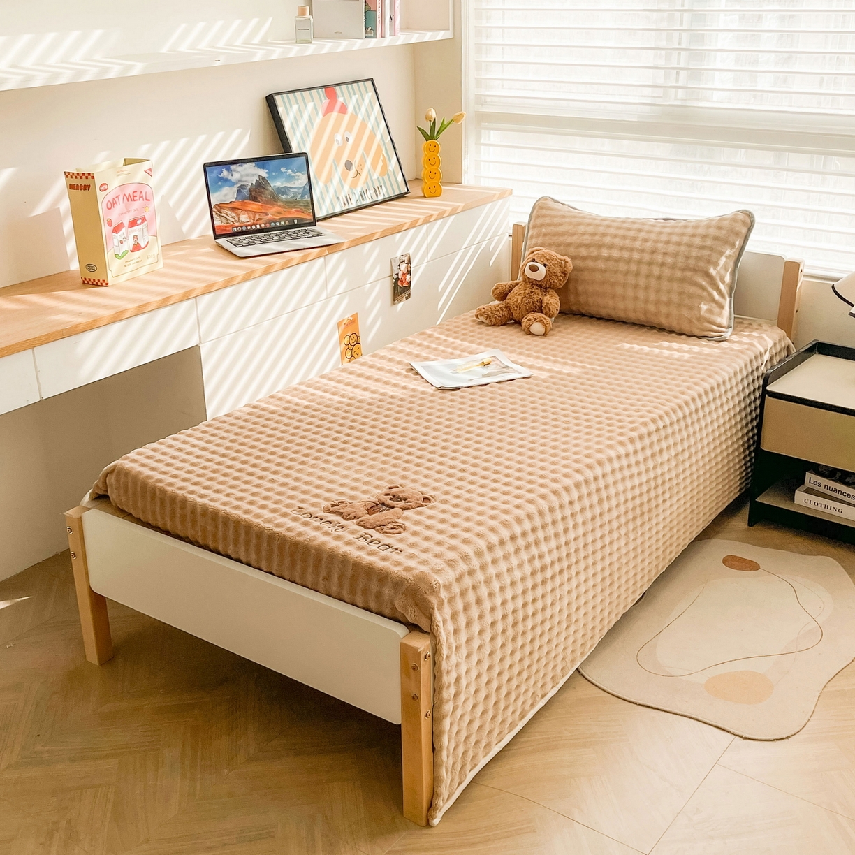 91家纺网 家纺一手货源 找家纺 爱思凯家纺 2025新款学生儿童房泡泡绒床单-松饼熊 松饼熊床单-卡其