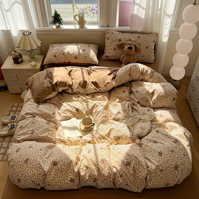 91家纺网 家纺一手货源 找家纺 仟网汇 2025新款古法水洗仿棉云感纱四件套 豹纹喵咖