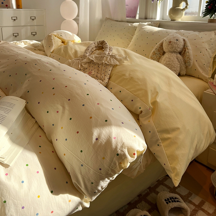 仟网汇 2025新款古法水洗仿棉云感纱四件套 彩波波