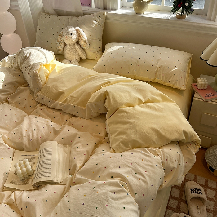 91家纺网 家纺一手货源 找家纺 仟网汇 2025新款古法水洗仿棉云感纱四件套 彩波波