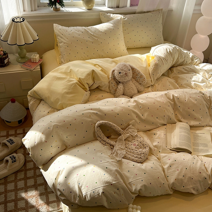 91家纺网 家纺一手货源 找家纺 仟网汇 2025新款古法水洗仿棉云感纱四件套 彩波波