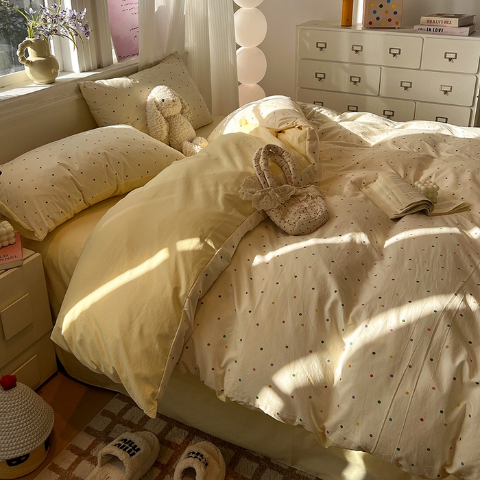 91家纺网 家纺一手货源 找家纺 仟网汇 2025新款古法水洗仿棉云感纱四件套 彩波波