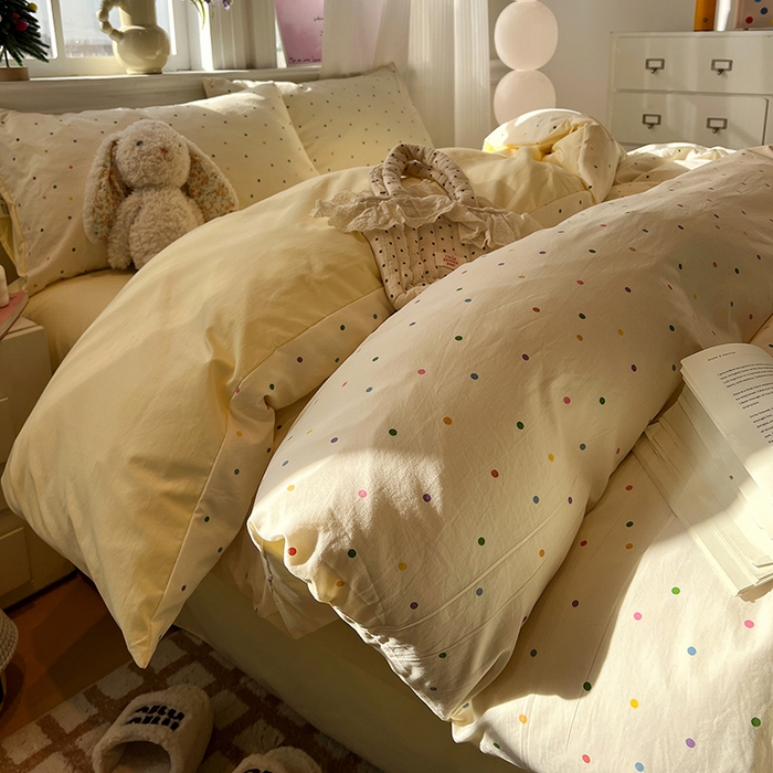 91家纺网 家纺一手货源 找家纺 仟网汇 2025新款古法水洗仿棉云感纱四件套 彩波波