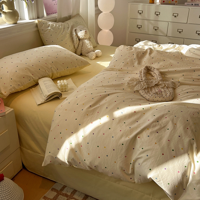 91家纺网 家纺一手货源 找家纺 仟网汇 2025新款古法水洗仿棉云感纱四件套 彩波波