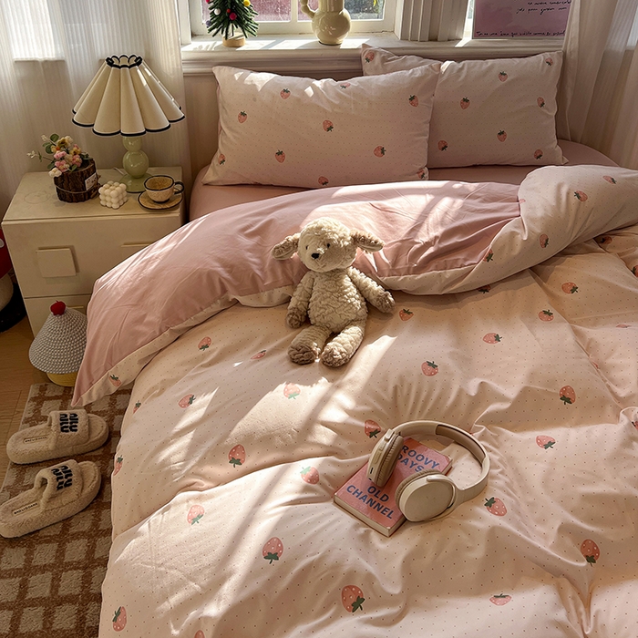 91家纺网 家纺一手货源 找家纺 仟网汇 2025新款古法水洗仿棉云感纱四件套 草莓点点