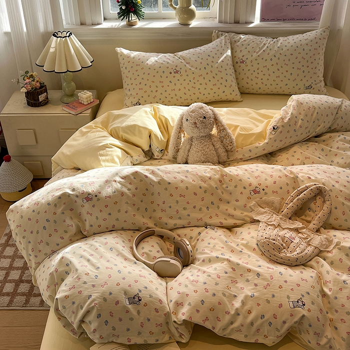 91家纺网 家纺一手货源 找家纺 仟网汇 2025新款古法水洗仿棉云感纱四件套 嗨皮狗