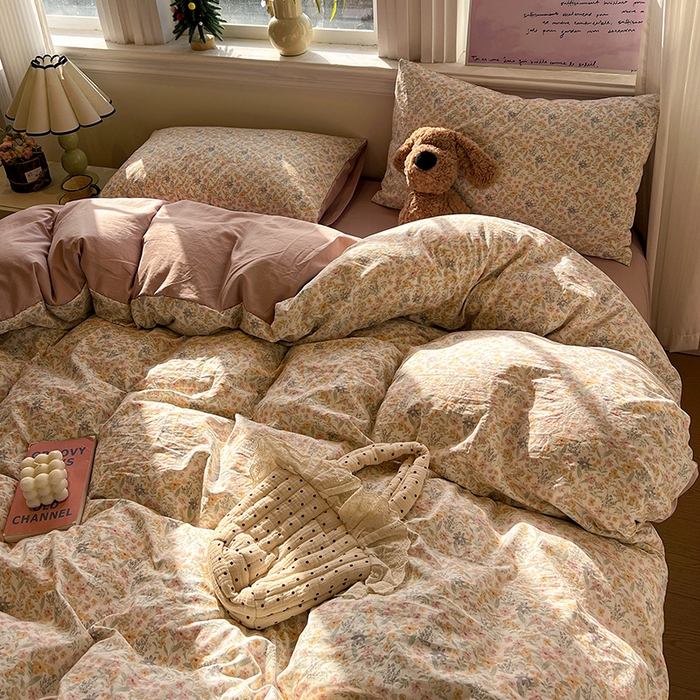 91家纺网 家纺一手货源 找家纺 仟网汇 2025新款古法水洗仿棉云感纱四件套 花千朵