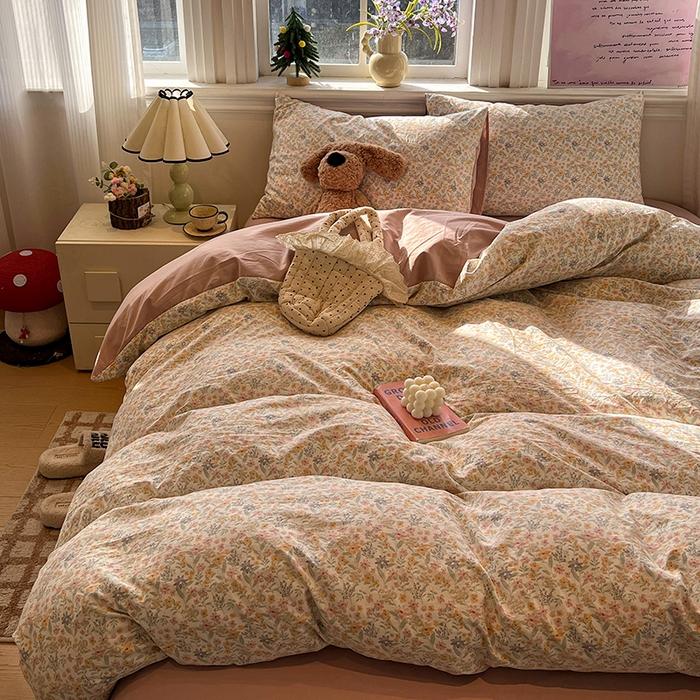 91家纺网 家纺一手货源 找家纺 仟网汇 2025新款古法水洗仿棉云感纱四件套 花千朵