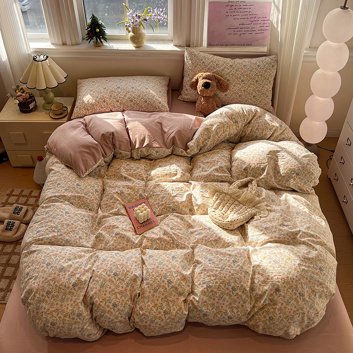 91家纺网 家纺一手货源 找家纺 仟网汇 2025新款古法水洗仿棉云感纱四件套 花千朵