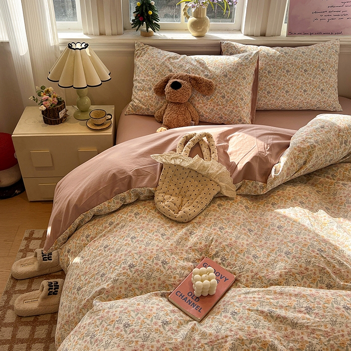 91家纺网 家纺一手货源 找家纺 仟网汇 2025新款古法水洗仿棉云感纱四件套 花千朵