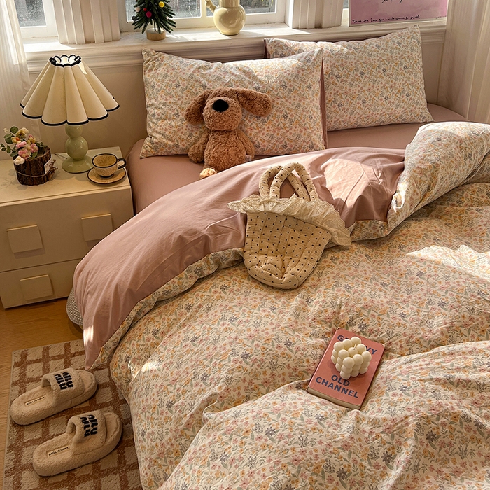 91家纺网 家纺一手货源 找家纺 仟网汇 2025新款古法水洗仿棉云感纱四件套 花千朵